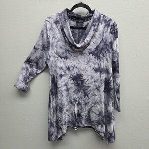 Cha Cha Vente Shirt Womens Large Gray Abstract Cowl Neck Tunic Stretch Top USA
